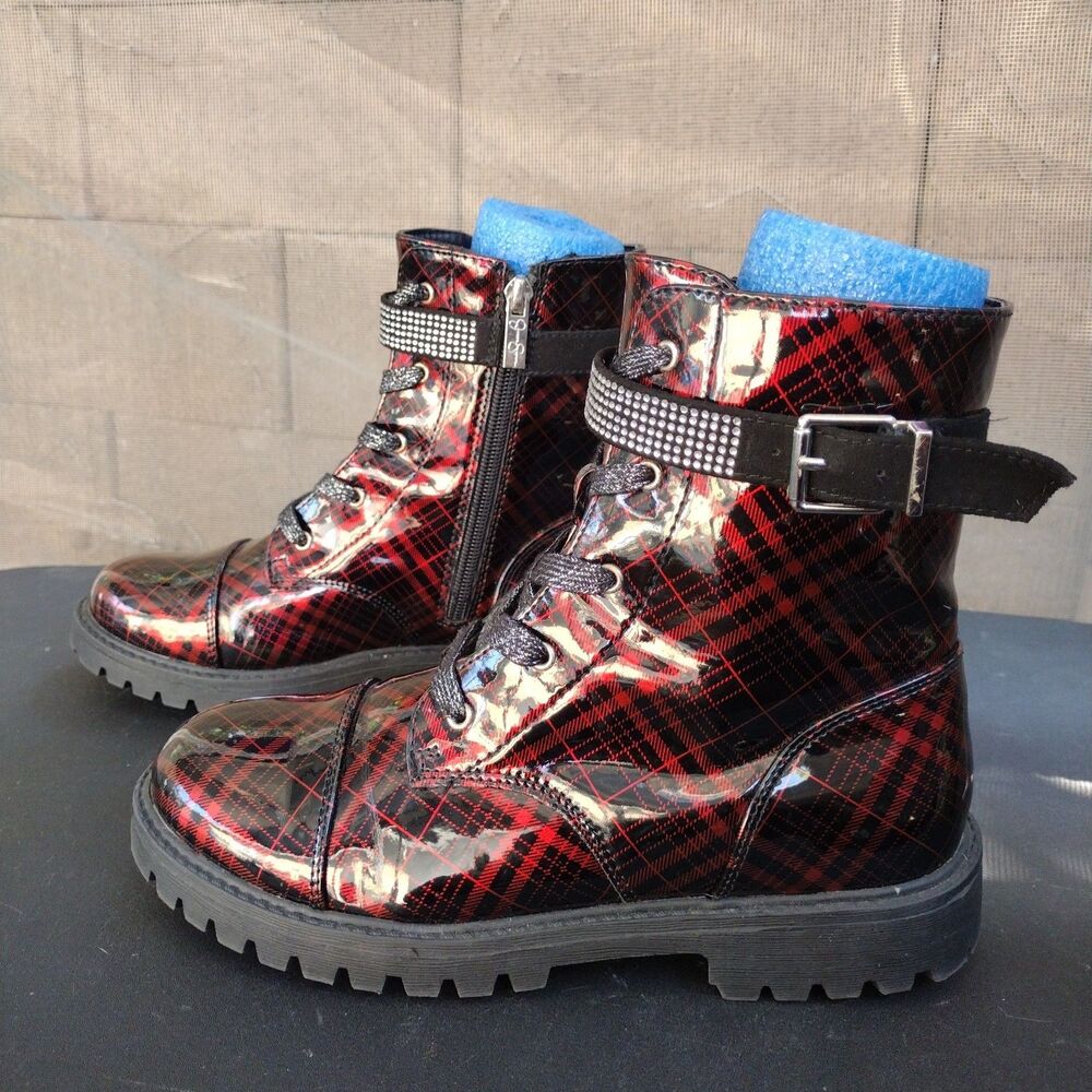 Jessica Simpson Rain Combat Boots Plaid Patent Zip Sides Kids Size 5 Black Red